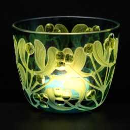 Lantern Tealight Holder Mistletoe Deep Cut Engraving Mouth Blown Hand Engraved - thumbnail 2