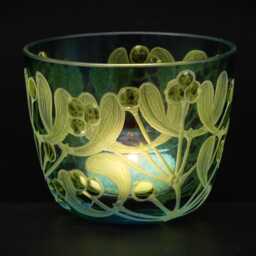Lantern Tealight Holder Mistletoe Deep Cut Engraving Mouth Blown Hand Engraved - thumbnail 4