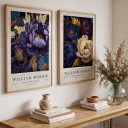 William Morris Floral Print Set, Blue & Purple Peony Wall Art, Vintage Botanical Poster Pair - thumbnail 3