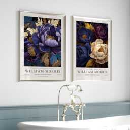 William Morris Floral Print Set, Blue & Purple Peony Wall Art, Vintage Botanical Poster Pair - thumbnail 2