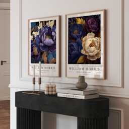 William Morris Floral Print Set, Blue & Purple Peony Wall Art, Vintage Botanical Poster Pair - thumbnail 1