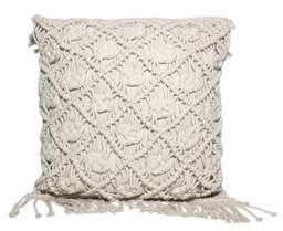 Macrame Throw Pillow With Fringe, Natural Knit Pillow, 18x18 - thumbnail 1