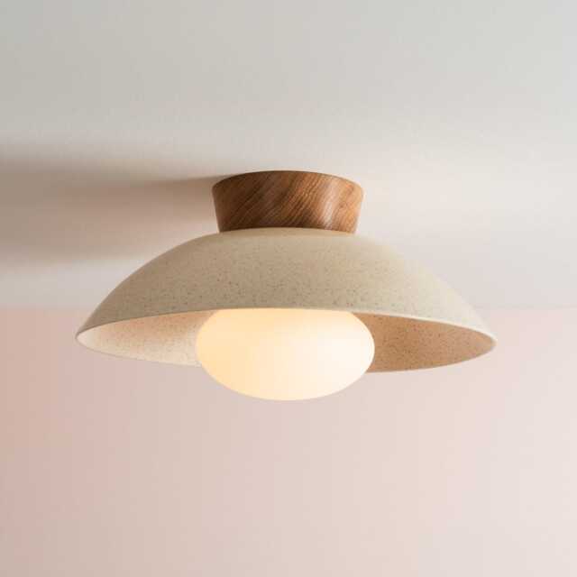 Speckled Cream Gloss Dawn Flush Mount Ceiling Light in Ceramic & Oak - image 1
