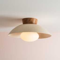 Speckled Cream Gloss Dawn Flush Mount Ceiling Light in Ceramic & Oak