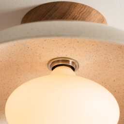 Speckled Cream Gloss Dawn Flush Mount Ceiling Light in Ceramic & Oak - thumbnail 3