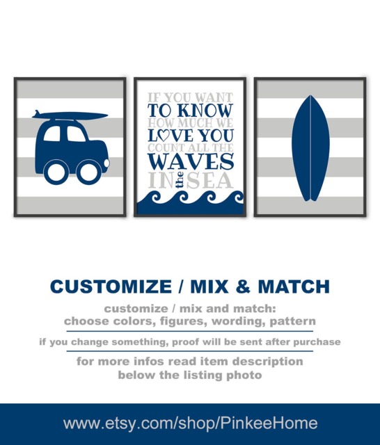 Surfboard Nursery Art Prints - Set Of 3 Navy & Gray Beach Theme - image 1