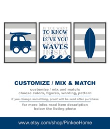 Surfboard Nursery Art Prints - Set Of 3 Navy & Gray Beach Theme - thumbnail 1