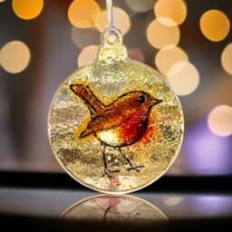 Fused Glass Robin Christmas Bauble 22Ct Gold Detail