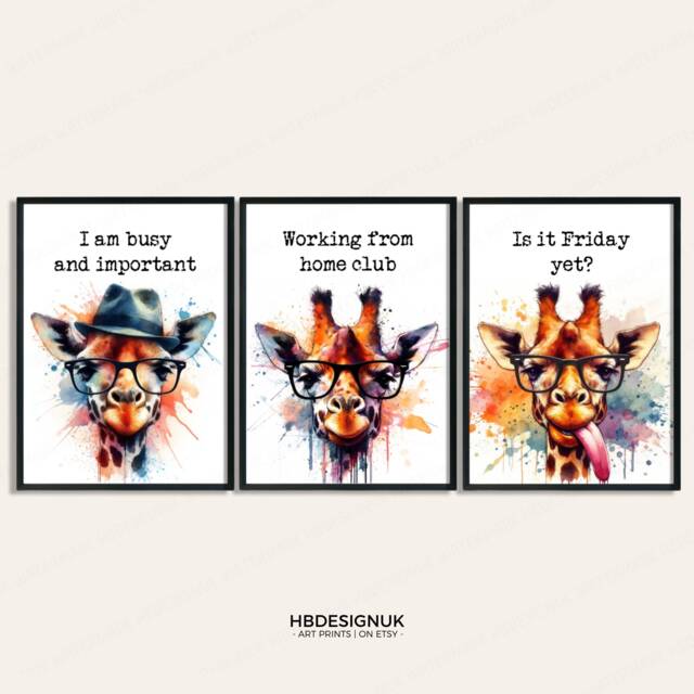 Giraffe Home Office Prints - Set Of 3 Posters - Funny Quotes Decor Work From Wall Art Wfh Gifts Coworker Workplace Pictures - image 1