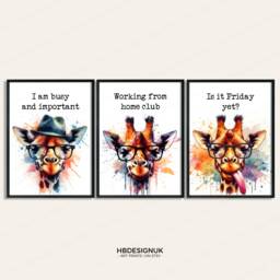Giraffe Home Office Prints - Set Of 3 Posters - Funny Quotes Decor Work From Wall Art Wfh Gifts Coworker Workplace Pictures - thumbnail 1