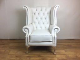 White Faux Leather Queen Anne Wing Chair
