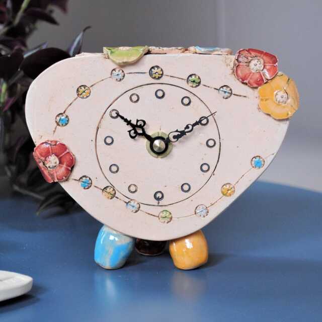 Handmade Ceramic Clock With Flower Blossoms Decorated Vibrant Colours. Original Small Quirky Mantelpiece. Personalised Unique Gift - image 1