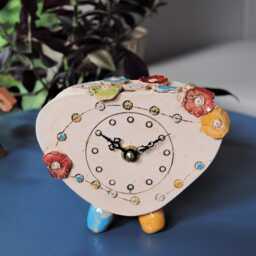 Handmade Ceramic Clock With Flower Blossoms Decorated Vibrant Colours. Original Small Quirky Mantelpiece. Personalised Unique Gift - thumbnail 2