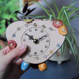 Handmade Ceramic Clock With Flower Blossoms Decorated Vibrant Colours. Original Small Quirky Mantelpiece. Personalised Unique Gift - thumbnail 3
