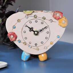 Handmade Ceramic Clock With Flower Blossoms Decorated Vibrant Colours. Original Small Quirky Mantelpiece. Personalised Unique Gift