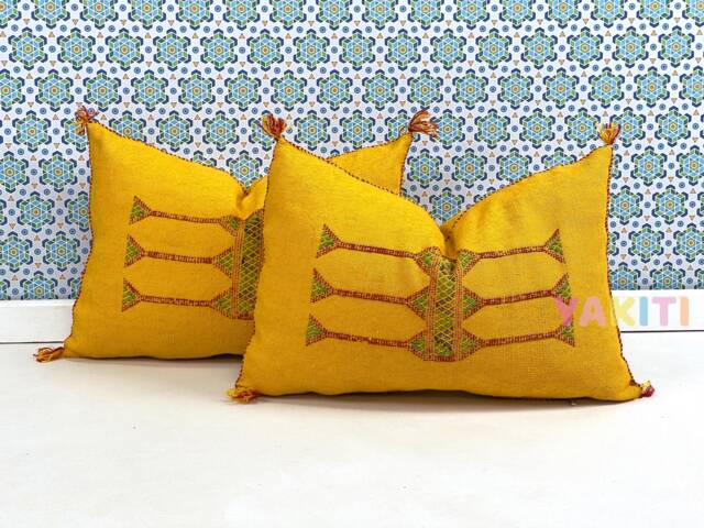 Yakiti-Yellow Square Moroccan Pillows , Aka Cactus Silk Pillow, Decorative Pillows, Sabra Pillows, Moroccan Decor Designer Cactus - image 1