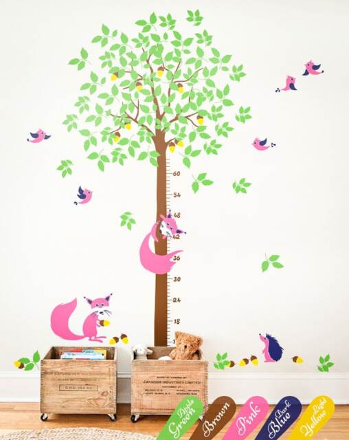Large Tree Wall Decal With Growth Chart Complete Nursery Decor Set Fox Birds & Hedgehog Stickers Mural Tattoo Kw019 - image 1