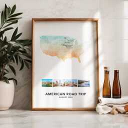 Usa Personalised Travel Map Print With Photo Collage Custom Poster Road Trip Engagement Honeymoon Gift - thumbnail 1