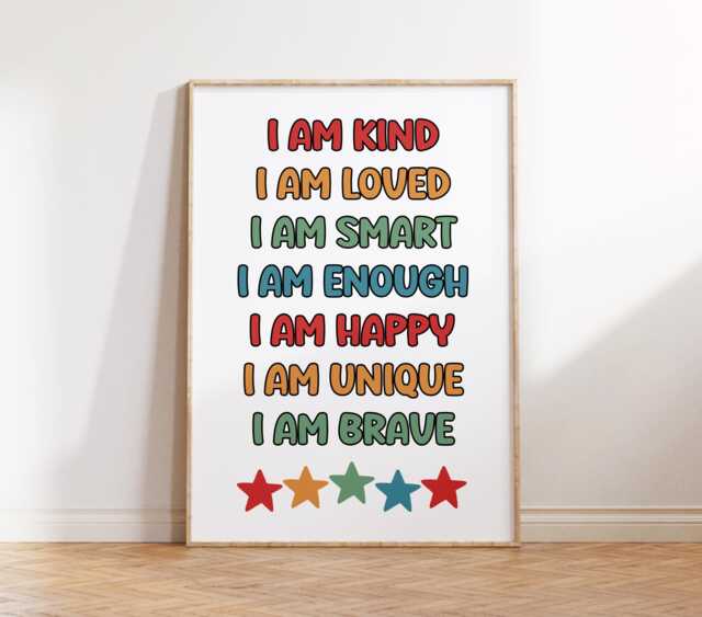 I Am Children's Affirmations - Wall Art Bedroom Print Strong Happy Unique Smart Boys Stars Playroom Nursery Poster Kids - image 1
