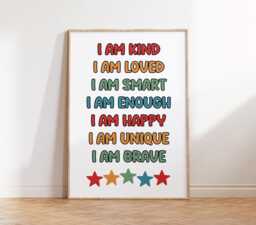 I Am Children's Affirmations - Wall Art Bedroom Print Strong Happy Unique Smart Boys Stars Playroom Nursery Poster Kids - thumbnail 1