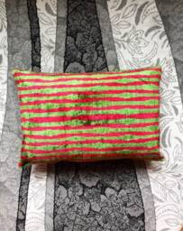 Pink Green Ikat Velvet Pillow Cover Striped Silk Throw - thumbnail 1