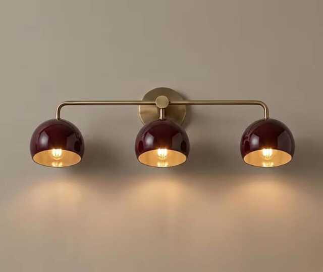Modern Bathroom Burgundy Triple Wall Sconce - Mid-Century Brass Vanity Light Fixture - image 1