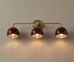 Modern Bathroom Burgundy Triple Wall Sconce - Mid-Century Brass Vanity Light Fixture - thumbnail 1