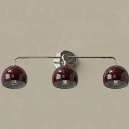 Modern Bathroom Burgundy Triple Wall Sconce - Mid-Century Brass Vanity Light Fixture - thumbnail 3