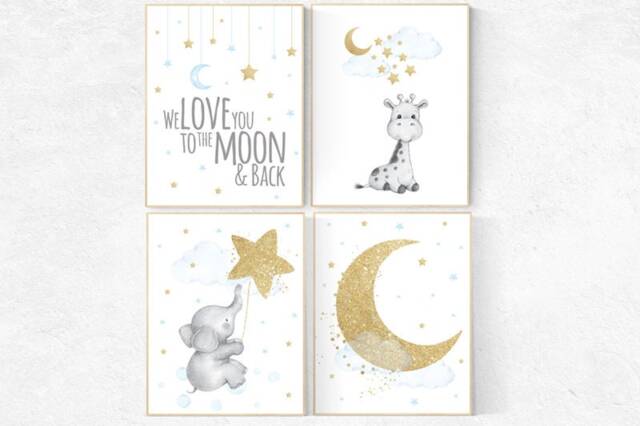 Elephant Nursery Decor Blue & Gold Moon, Stars Art Print - image 1