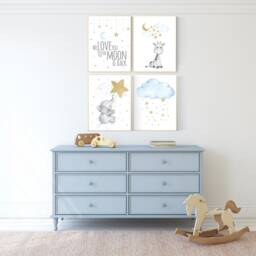 Elephant Nursery Decor Blue & Gold Moon, Stars Art Print - thumbnail 2