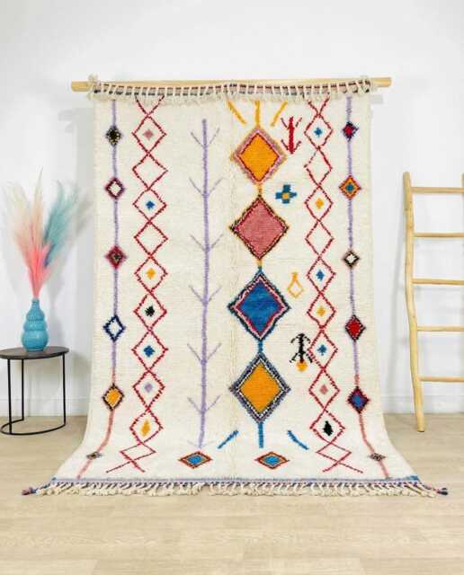 Ivory Moroccan Berber Rug, Handwoven Wool Shag Colorful Diamond Motifs, Authentic Beni Ourain Style Carpet, Large 9x12 Area Rug - image 1
