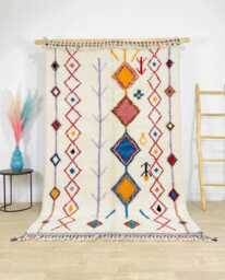 Ivory Moroccan Berber Rug, Handwoven Wool Shag Colorful Diamond Motifs, Authentic Beni Ourain Style Carpet, Large 9x12 Area Rug - thumbnail 1