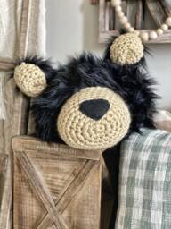 Black Bear Faux Fur Animal Head Pillow For Cabin Decor - thumbnail 1