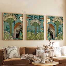 Heron Botanical Wall Art Set Of 3 - Nouveau Style Bird Print Teal & Gold Nature Artwork Elegant Living Room Decor - thumbnail 3
