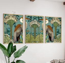 Heron Botanical Wall Art Set Of 3 - Nouveau Style Bird Print Teal & Gold Nature Artwork Elegant Living Room Decor - thumbnail 1