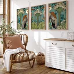 Heron Botanical Wall Art Set Of 3 - Nouveau Style Bird Print Teal & Gold Nature Artwork Elegant Living Room Decor - thumbnail 2