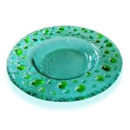 Aquamarine Murano Glass Candle-Holder With Green Drops, Fused Saucer - Lapilli Series, Romantic Light For Table & Bath