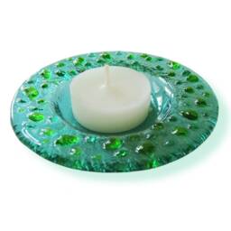 Aquamarine Murano Glass Candle-Holder With Green Drops, Fused Saucer - Lapilli Series, Romantic Light For Table & Bath - thumbnail 2