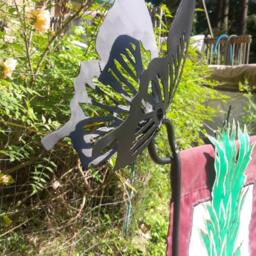 This Is A Hand Made Salvaged Steel Yard Flag Holder With Butterfly That Has Just Landed - thumbnail 3