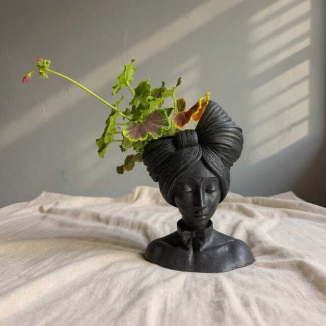 Black Woman Bust Head Planter - Modern Concrete Vase Sculpture - image 1