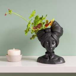 Black Woman Bust Head Planter - Modern Concrete Vase Sculpture - thumbnail 2