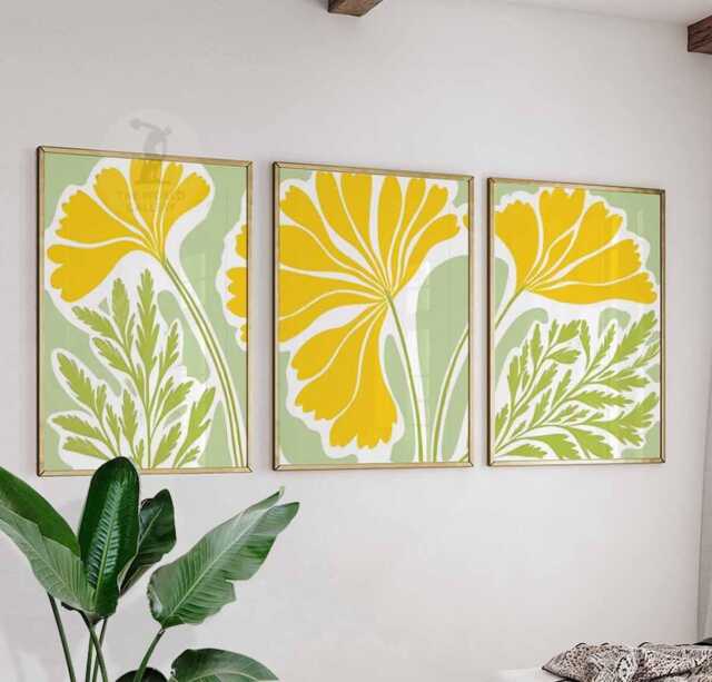 Set Of 3 Floral Wall Art Prints, Yellow Flower & Green Leaf Posters, Modern Botanical Decor - image 1