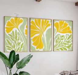 Set Of 3 Floral Wall Art Prints, Yellow Flower & Green Leaf Posters, Modern Botanical Decor - thumbnail 1