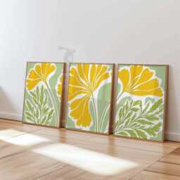 Set Of 3 Floral Wall Art Prints, Yellow Flower & Green Leaf Posters, Modern Botanical Decor - thumbnail 3