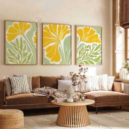 Set Of 3 Floral Wall Art Prints, Yellow Flower & Green Leaf Posters, Modern Botanical Decor - thumbnail 2