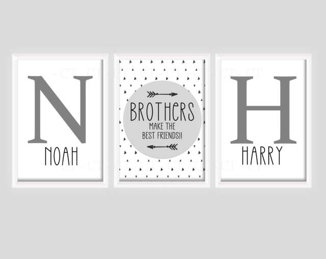 Boys Personalised Brother Prints A4 Or A3 Nursery Set Of Unframed Black White Grey Boho Scandi Room Share