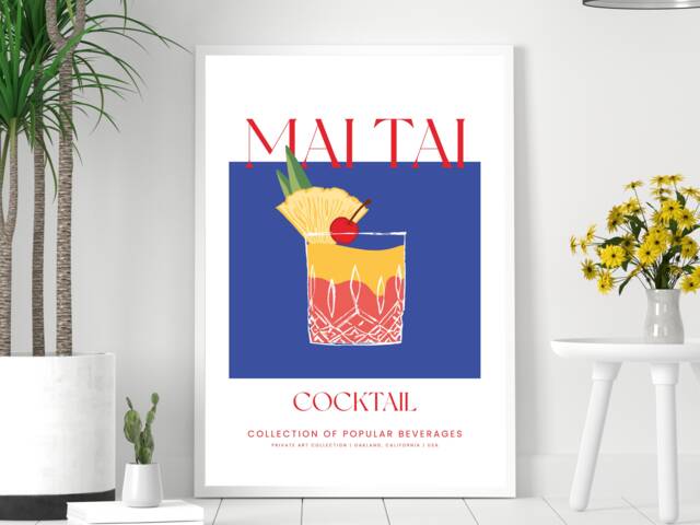Mai Tai Cocktail Art Print Poster Blue- Party Signature Drink Sign - Trendy Wall Decor Minimalist Elegant Retro Gift A5 A4 A3 - image 1
