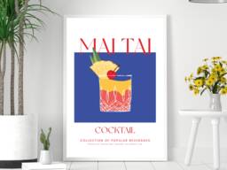 Mai Tai Cocktail Art Print Poster Blue- Party Signature Drink Sign - Trendy Wall Decor Minimalist Elegant Retro Gift A5 A4 A3 - thumbnail 1