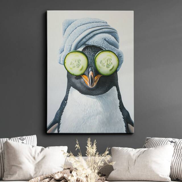 Penguin Beauty Care Towel Bath Tub Framed Poster Print & Canvas Wall Decor Art Painting Bedroom Home Bathroom Funny Animal Lover Gift - image 1