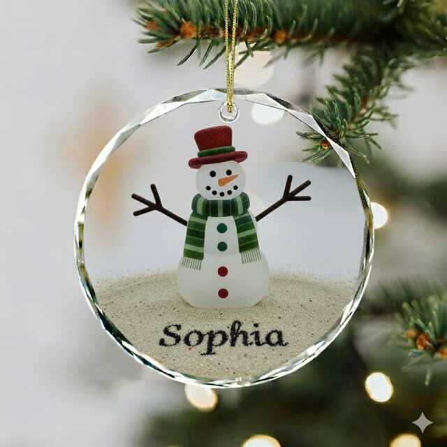 Personalized Snowman Seaglass Ornament, Ceramic Family Christmas Gift, Coastal Tree Decoration - image 1